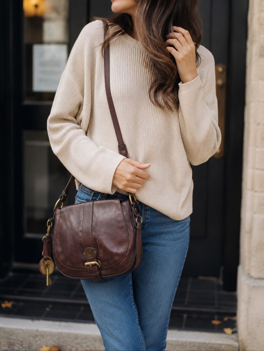 Fossil Brown Leather Crossbody Saddle Bag Vintage Style Brass Hardware Key Charm